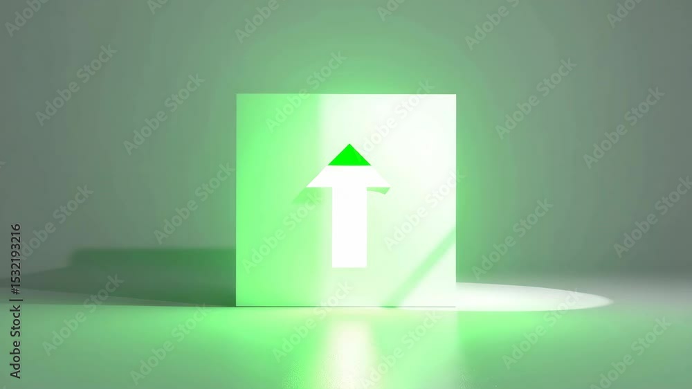 Poster a green upward arrow is displayed on a white cube, illuminated by focused light in a minimalist sett