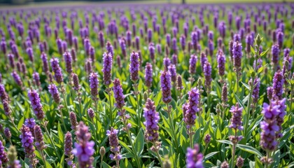 Obraz premium chia plants flowering in dense rows, purple blooms swaying, summer seed crop with natural health benefits.