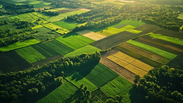 Aerial view of sunlit patchwork fields and verdant forests during golden hour