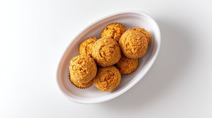 Top view of rustic round ceramic dish with freshly baked carrot muffins in parchment paper on empty white surface, sharp focus, simple captivating composition for stock photo.