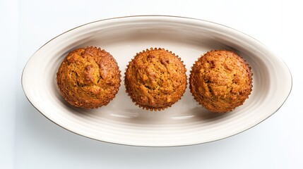 Top view of rustic round ceramic dish with freshly baked carrot muffins in parchment paper on empty white surface, sharp focus, simple captivating composition for stock photo.