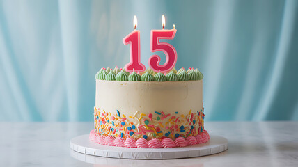 Delicious birthday cake decorated with number fifteen candles celebrating a special milestone