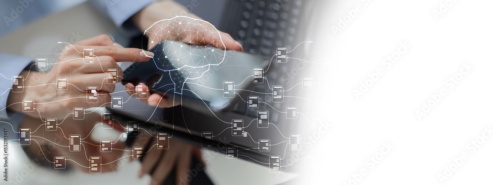 Poster ai and data integration for business insights on a wide banner, business and technology concept.