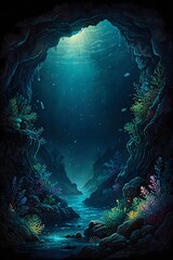 Bioluminescent creatures illuminating trench depths in watercolor style