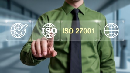 A person interacting with a transparent interface displaying iso 27001.