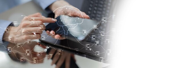 AI and Data Integration for Business Insights on a Wide Banner, Business and Technology Concept.