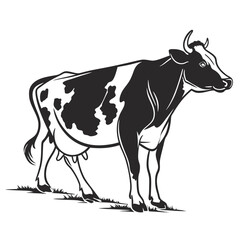 A black and white Holstein cow grazes quietly in a minimalist grass field scene