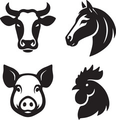 Farm Animal Head Icons – Flat Black Vector Set