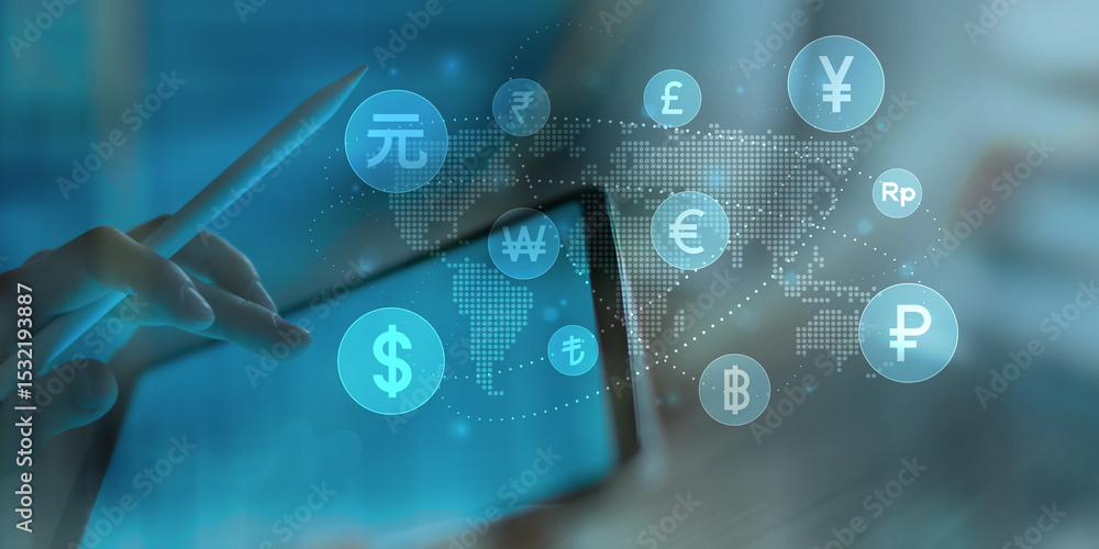 Poster global currency exchange and digital payment system interface with world map background.