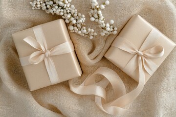 Two beige gift boxes with ribbons on a textured fabric.
