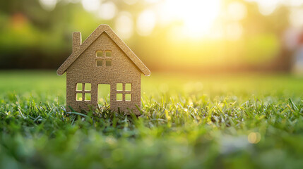A wooden house model sitting on a grassy lawn with a blurred background of trees and a sunset.
