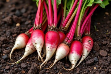 radish roots being pulled from soil, vibrant red and white skins, clean summer harvest image.