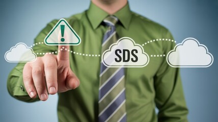 Person interacting with a warning sign and cloud transfer.