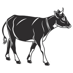 A bold black and white silhouette of a cow strides confidently forward