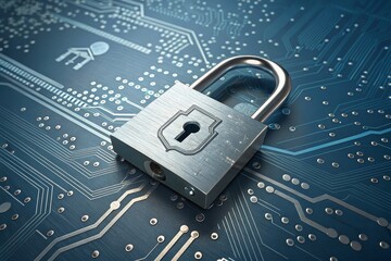 Secure digital data protection padlock on circuit board technology background illustrating online safety and cybersecurity