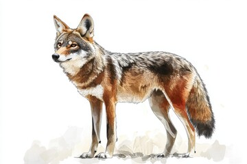 Obraz premium Coyote standing gracefully in a natural pose, showcasing its unique fur patterns and alert demeanor in a detailed illustration