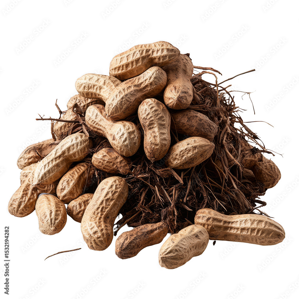 Poster a cluster of whole peanuts in their shells with attached roots, showing natural texture and earthy t