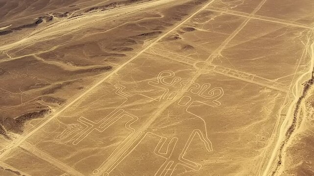 Aerial view of ancient geoglyphs in desert landscape