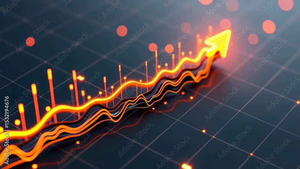 Poster a glowing upward financial graph with multiple lines and data points on a dark grid background, illu