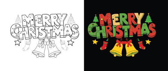 Merry Christmas Text with Bells, Stars, and Stockings