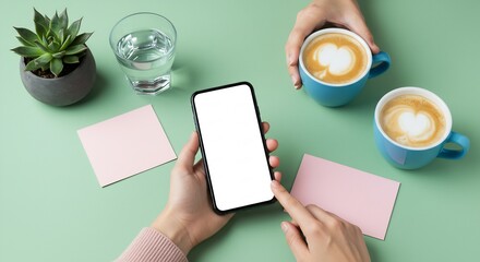 Obraz premium Flatlay of Two Women Using Smartphone with Blank Screen, Enjoying Latte Art Coffee and Water Break at Green Table