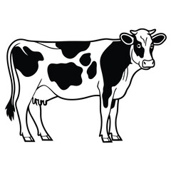 Black and white dairy cow with spots stands facing forward in art
