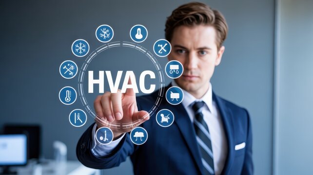 Businessperson interacts with a holographic HVAC system interface.