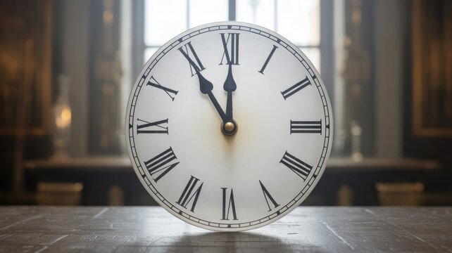 Antique clock showing twelve oclock on wooden table with blurred background