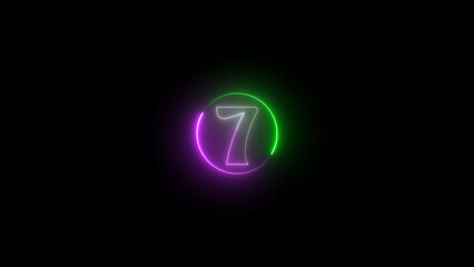 Neon Number Seven in a Circular Frame with Purple and Green Glow on Black glowing