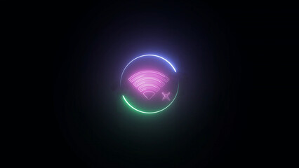 Neon No Wifi Symbol in Dark Background with Pink and Green Glowing Circle Outline neon