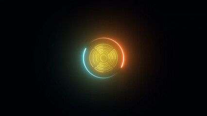 Abstract Glowing Circle with Maze Pattern and Color Gradient on a Dark Background glowing yellow