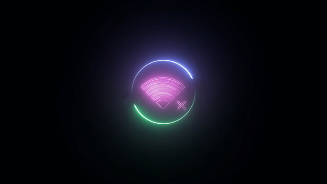 Neon No Wifi Symbol in Dark Background with Pink and Green Glowing Circle Outline neon - Powered by Adobe