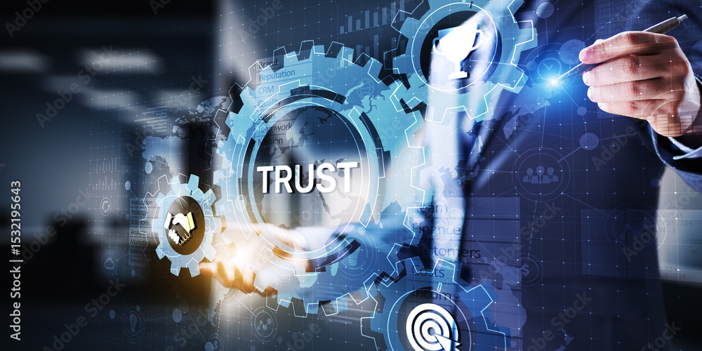 Poster trust customer relations reliability business concept. pointing and pressing on virtual screen.