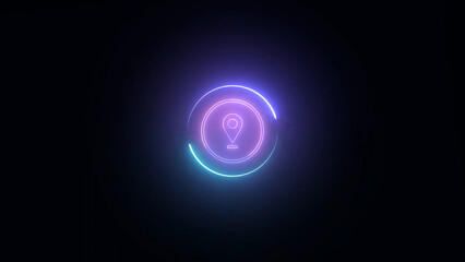 Glowing Neon Location Pin Icon with Circular Light Effect on a Dark Background neon location