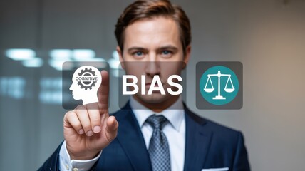 Businessman interacting with a digital display showcasing cognitive bias and fairness concepts.