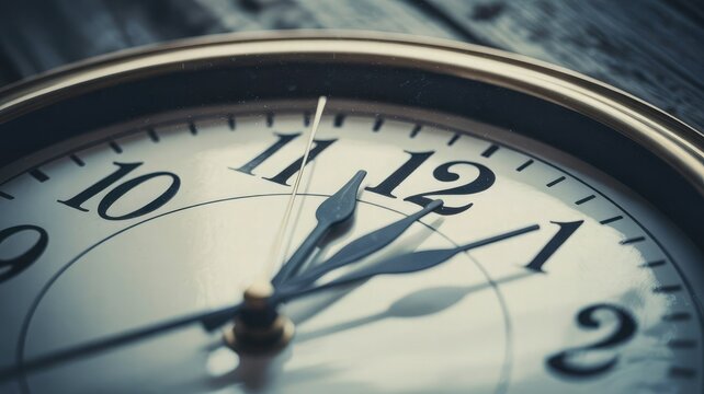 Closeup of vintage clock face showing almost midnight