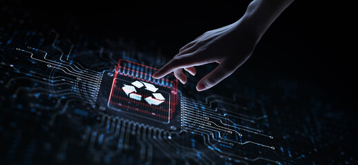 Recycle Promoting Sustainability and Waste Management Illustrated on a Processor Touched by a Human Hand.