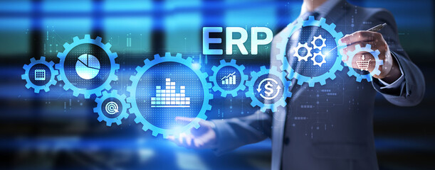 ERP Enterprise resources planning SAP business process automation internet technology concept.