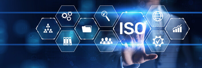ISO Standard certification standardisation quality control concept on screen.