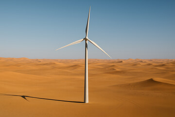 Wind Turbine in Scorching Desert – Renewable Energy Tower in Arid Heat with Blue Sky

