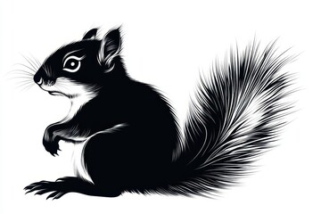 Obraz premium Squirrel sitting gracefully with bushy tail in a stylized black and white illustration captured in a nature-inspired artistic format