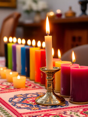 Colorful candles in a row on a table with a shamash candle as the first candle to be lit, menora setup, Jewish tradition