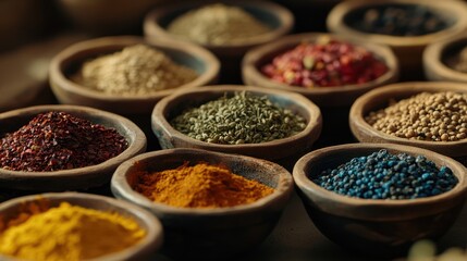 Close-up of various spices in small bowls