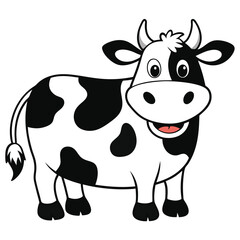 Cheerful cartoon cow with white and black spots stands smiling happily