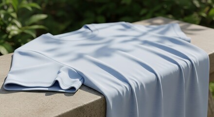 Soft, Light Blue T-Shirt Draped on Stone Bench Summer Fashion Apparel