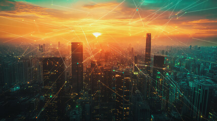 Fototapeta premium Smart city with connection network reciprocity over the cityscape social media networking systems that connects on the peak of success amid tall, innovative Smart city and graphs with statistics