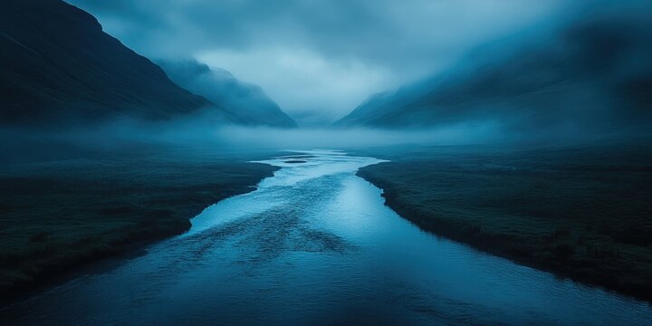 Misty river valley landscape