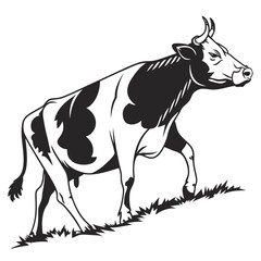 A black and white cow walks forward, showing its horns, on grass patch