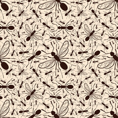Seamless brown background with forest ants.
