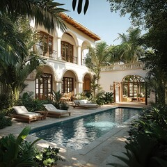 Fototapeta premium Private resort villa architecture with luxury amenities, private pools, expansive terraces, and tropical landscaping for exclusive vacation retreats.